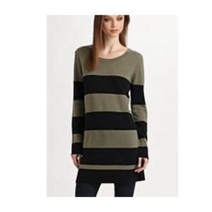 Brochu Walker Dress Size P Wool Cashmere Striped Black Green Short Elbow Patches
